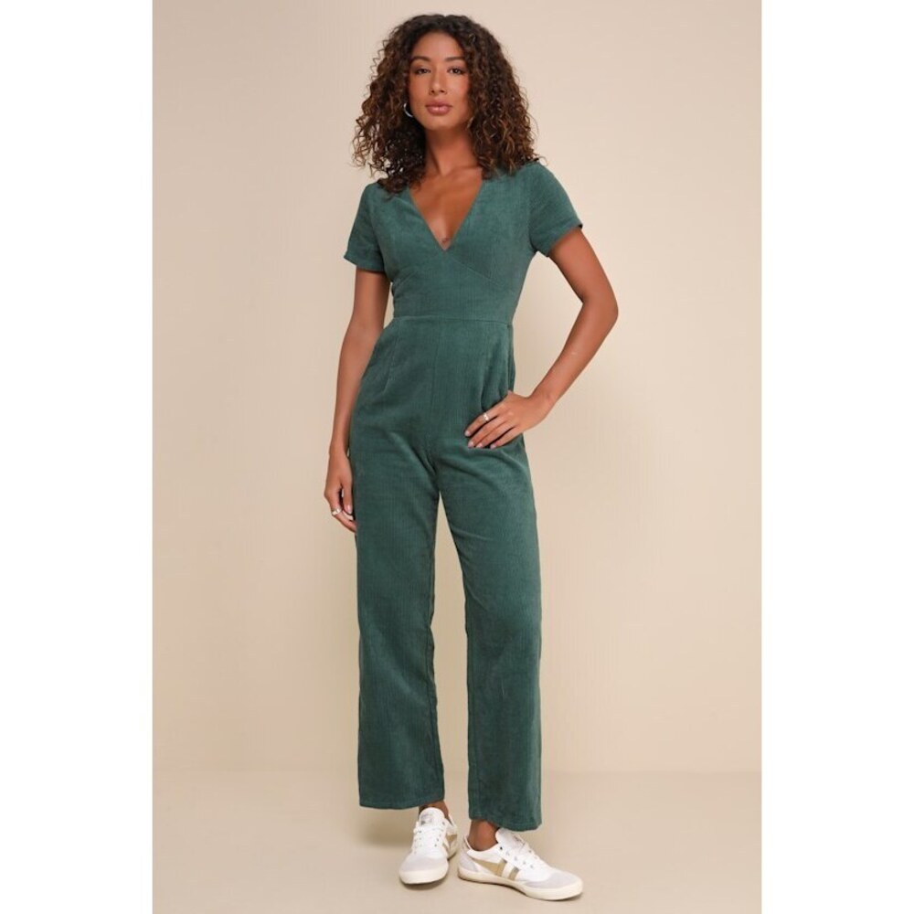 Lulus Absolute Cutest Dark Green Corduroy Short Sleeve Jumpsuit - Size S